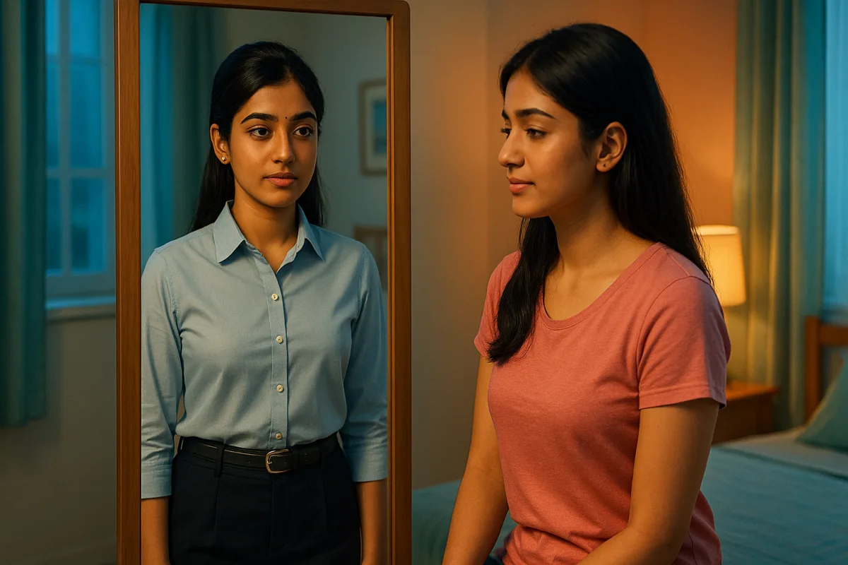 అద్దం ముందు కూర్చుని తనను తాను చూసుకుంటున్న తెలుగు అమ్మాయి, బయట ప్రొఫెషనల్ లుక్‌లో, లోపల సింపుల్ రూపంలో కనిపిస్తుంది.