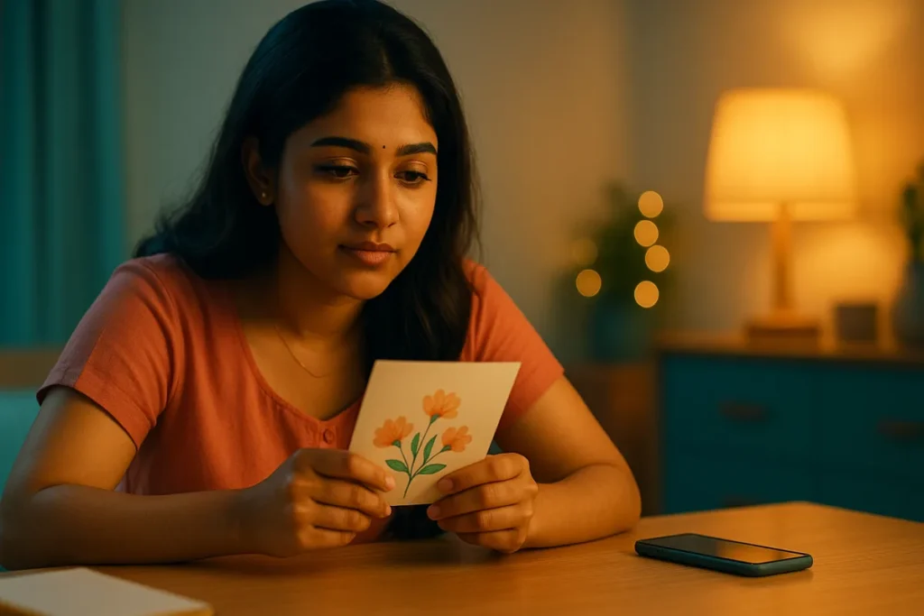 టేబుల్ వద్ద కూర్చుని చేతితో వేసిన కార్డ్ పట్టుకుని మౌనంగా చూస్తున్న తెలుగు అమ్మాయి, పక్కన ఫోన్ పడివుంది.