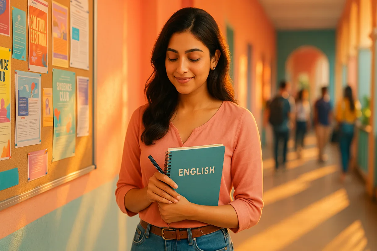కాలేజీ కారిడార్‌లో ఇంగ్లీష్‌ నోట్‌బుక్‌ పట్టుకుని కళ్లను మూసుకుని స్మితంతో నిలబడి ఉన్న యువతి