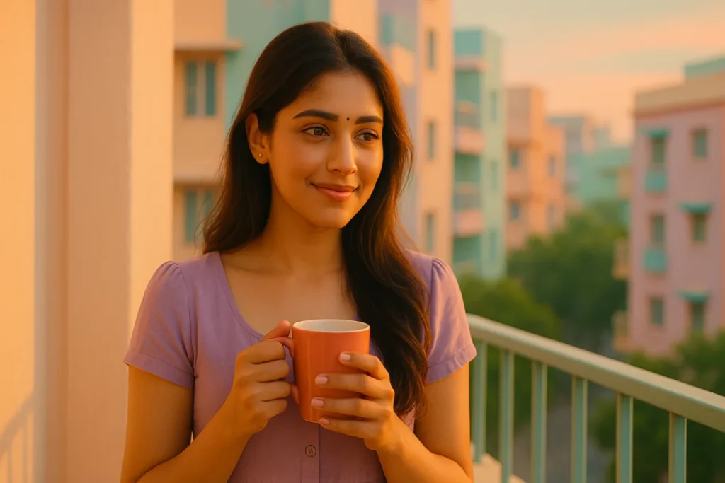 బాల్కనీలో కాఫీ కప్పుతో నిలబడి ప్రశాంతంగా బయటకు చూస్తున్న యువతి.
