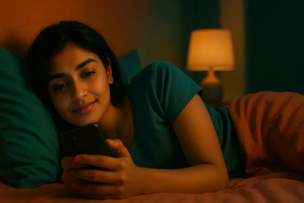 మంచంపై పడుకుని ఫోన్‌లో చూస్తూ మెల్లగా నవ్వుతున్న యువ తెలుగు అమ్మాయి.