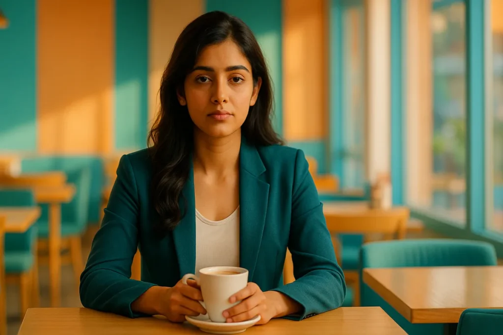 కాఫీ కప్పు పట్టుకుని సీరియస్గా కూర్చున్న యువ తెలుగు అమ్మాయి, ఆత్మవిశ్వాసం వెనుక అలసటతో కనిపిస్తోంది.