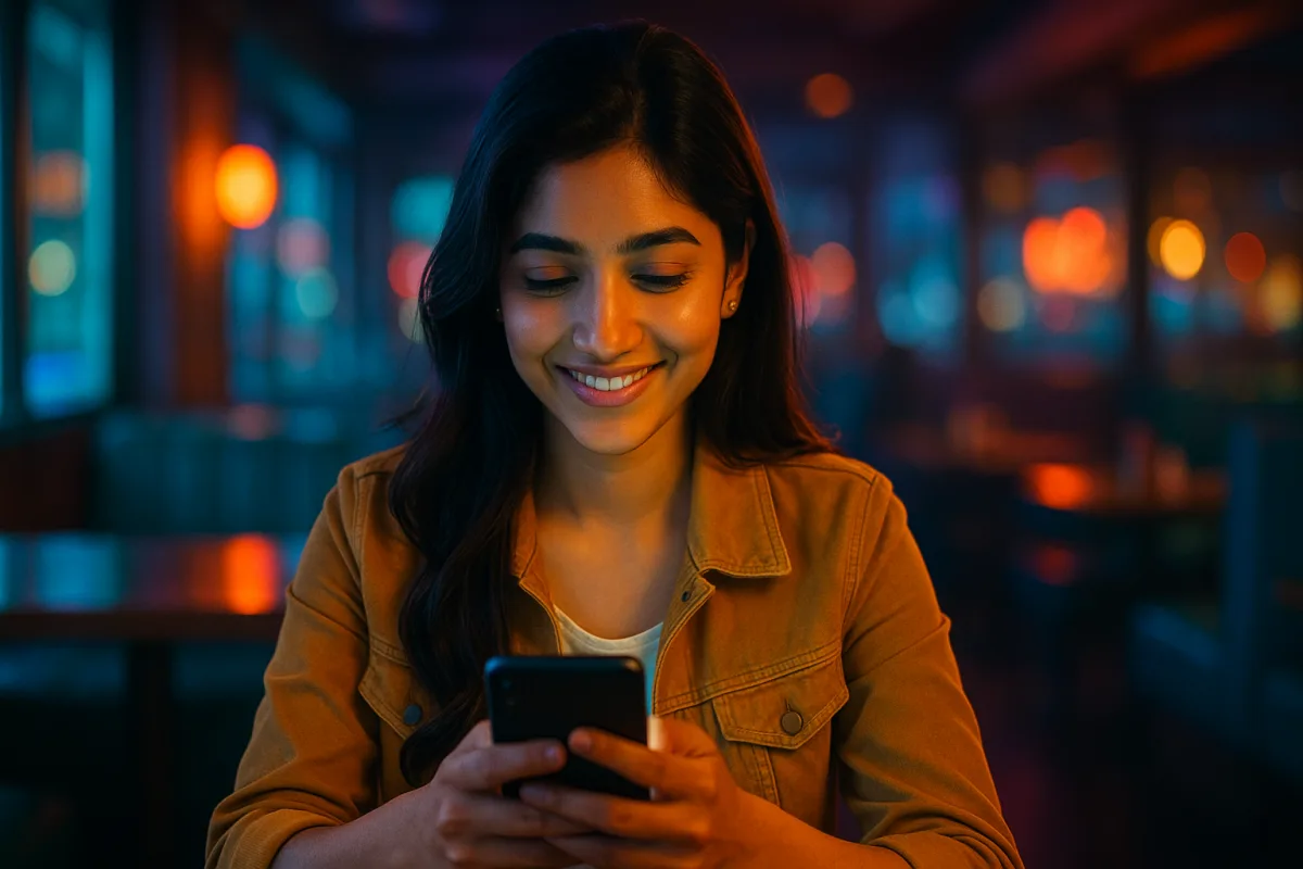 రాత్రి వెలుగుల్లో కేఫ్‌లో ఫోన్‌ చూస్తూ మృదువుగా నవ్వుతున్న యువ తెలుగు అమ్మాయి.