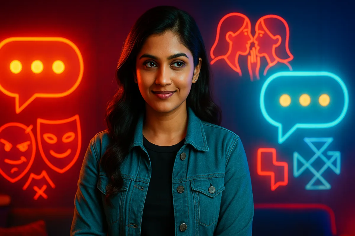 నియాన్‌ లైట్స్‌ బ్యాక్‌డ్రాప్‌లో చిరునవ్వుతో కానీ లోలోపల ఏదో ఆలోచనలో ఉన్న యువతి