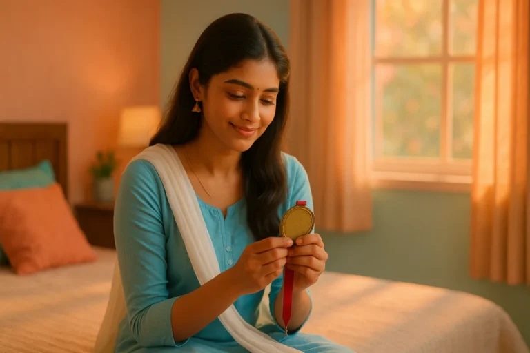 పాత మెడల్‌ పట్టుకుని చిన్నప్పటి జ్ఞాపకాలను ప్రేమగా తలచుకుంటున్న యువతి