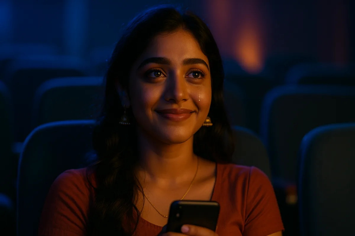 సినిమా చూస్తూ కళ్లలో కన్నీరు మెరుస్తూ సైలెంట్‌గా నవ్వుతున్న యువతి