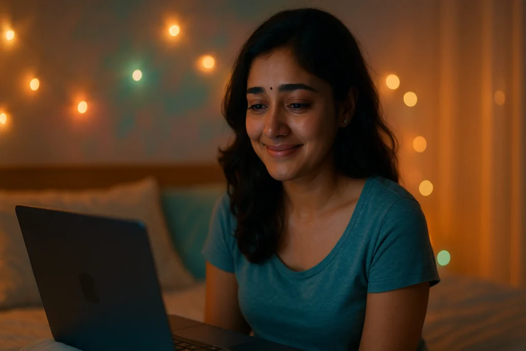 లైట్లు వెలిగిన గదిలో ల్యాప్టాప్ చూస్తూ భావోద్వేగంగా చిరునవ్వుతో ఉన్న యువతి