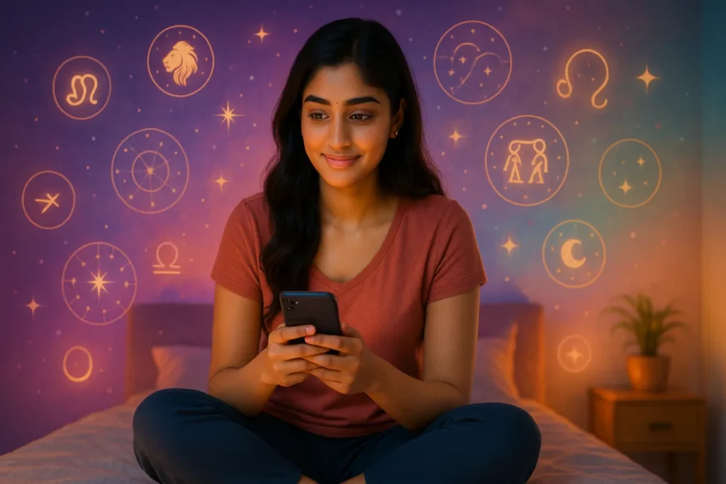 జ్యోతిష్య రాశి గుర్తులతో నిండిన గదిలో ఫోన్ చూస్తూ మృదువుగా నవ్వుతున్న యువతి