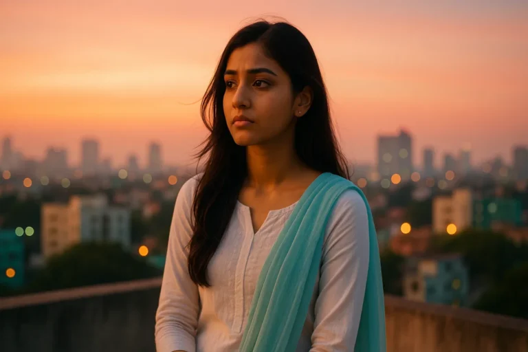 సూర్యాస్తమయం సమయంలో భవనం పైకప్పుపై నిలబడి ఆలోచనలో మునిగిపోయిన యువతి