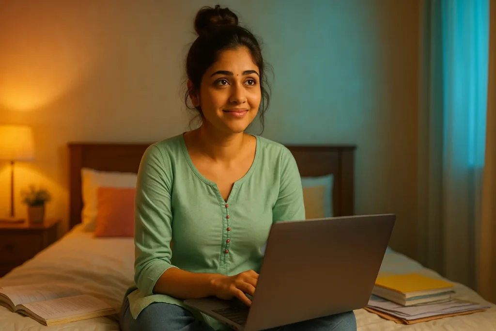 ల్యాప్టాప్ ముందు కూర్చొని చిన్న పనులు పూర్తి చేయాలని ఉత్సాహంగా ప్రయత్నిస్తున్న యువతి