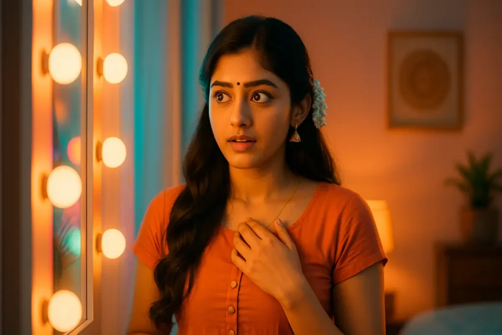 కంటికి కనబడిన చిన్న అపశకునం చూసి దిగ్భ్రాంతికి గురైన యువతి ముఖం