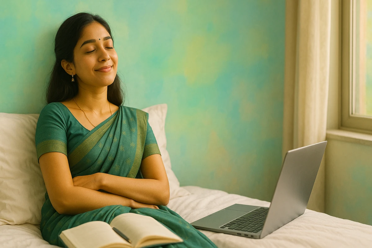 పుస్తకం మరియు ల్యాప్‌టాప్‌తో పడకపై కూర్చుని కళ్లును మూసుకుని విశ్రాంతిగా నవ్వుతున్న యువతి