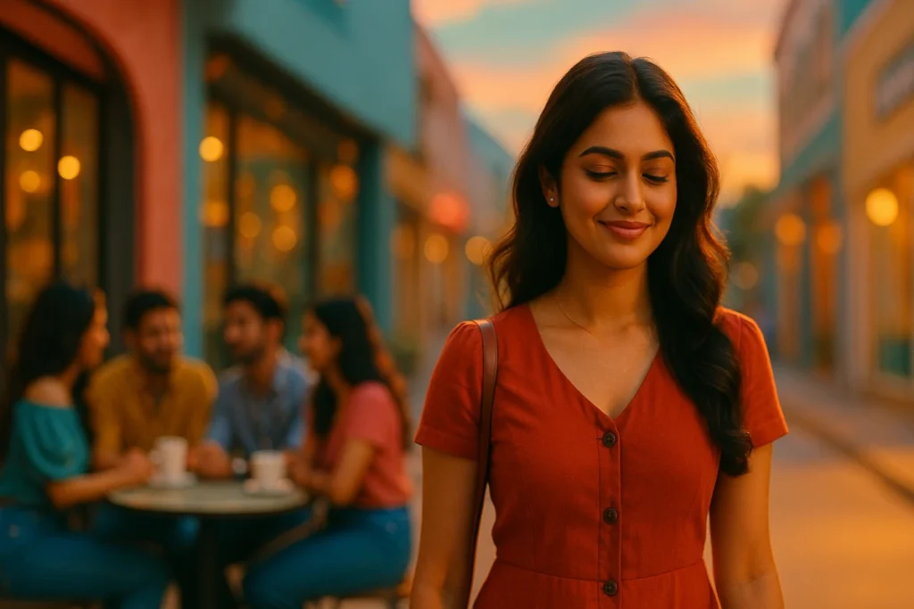 కఫే వెలుపల కళ్లను మూసుకుని ప్రశాంతంగా నడుస్తున్న యువతి, వెనుక స్నేహితులు మాట్లాడుకుంటున్నారు