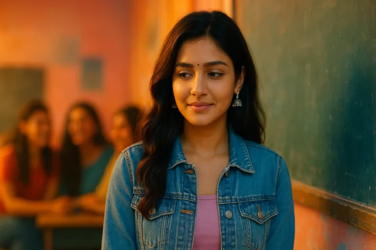 తరగతి గదిలో మూలగా నిలబడి పాత అవమానాన్ని గుర్తు చేసుకుంటున్న యువతి