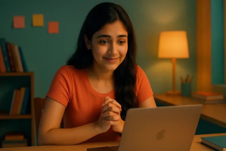 ఎగ్జామ్‌ రిజల్ట్‌ చూసే ముందు ఉత్కంఠతో ల్యాప్‌టాప్‌ వైపు చూస్తున్న యువతి