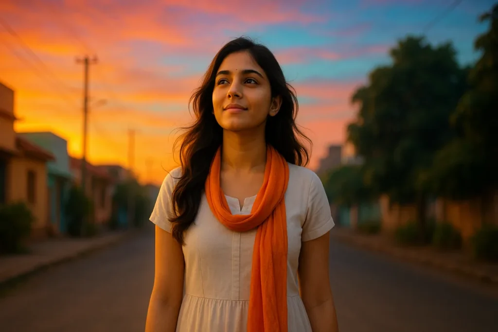 సాయంత్రపు ఆకాశం కింద వీధిలో నడుస్తూ, ప్రశాంతమైన భావంతో ఉన్న యువ తెలుగు అమ్మాయి