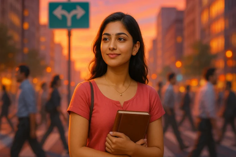 సూర్యాస్తమయం కాంతిలో నగర వీధిలో పుస్తకం పట్టుకుని ఆత్మవిశ్వాసంగా నిలబడి ఉన్న తెలుగు యువతి