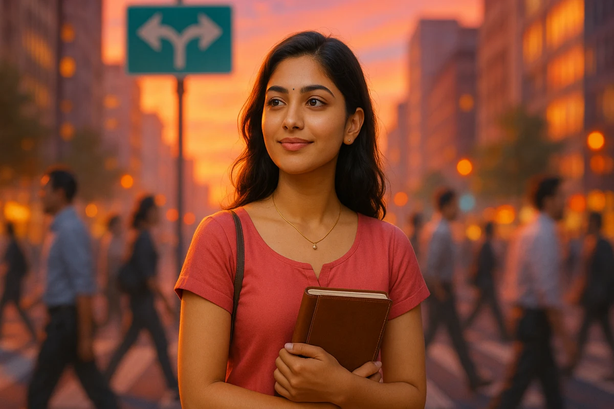 సూర్యాస్తమయం కాంతిలో నగర వీధిలో పుస్తకం పట్టుకుని ఆత్మవిశ్వాసంగా నిలబడి ఉన్న తెలుగు యువతి