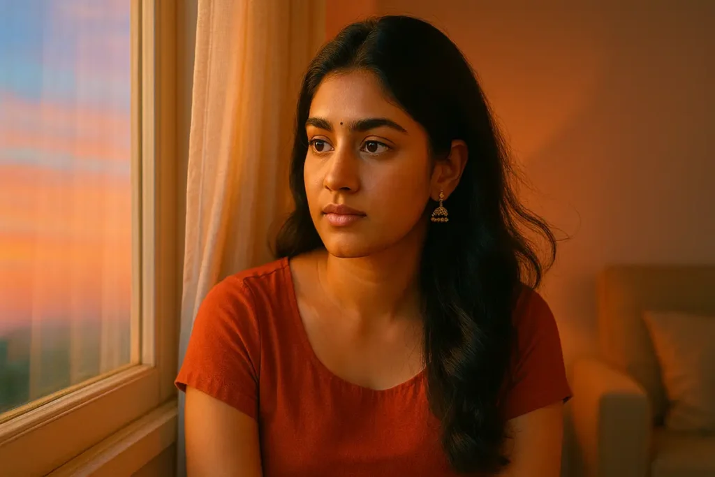 జనాల మధ్య నవ్వినా మనసులో ఒత్తిడి దాచుకున్న యువతి కిటికీ బయట చూస్తోంది