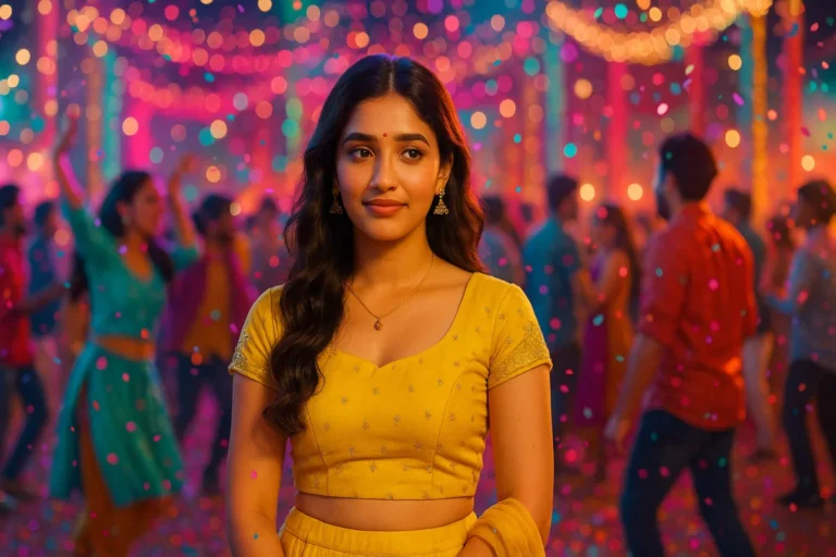 పండుగ లైట్లు మధ్యలో నిలబడి నవ్వుతున్నా, లోలోపల ఒంటరితనాన్ని దాచుకున్న యువతి