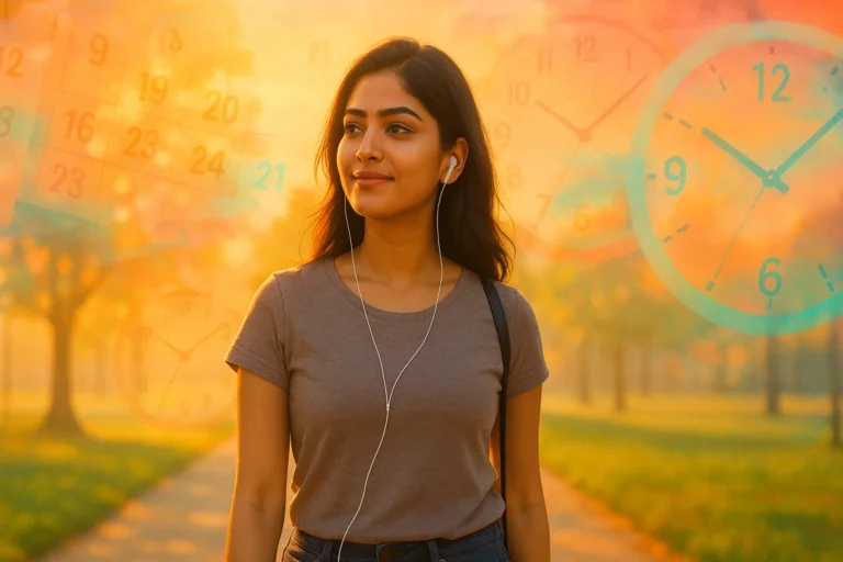 సూర్యకాంతి మధ్య చెట్ల మార్గంలో చెవిలో ఇయర్‌ఫోన్స్ వేసుకుని నడుస్తున్న ఆత్మవిశ్వాసం ఉన్న యువతి