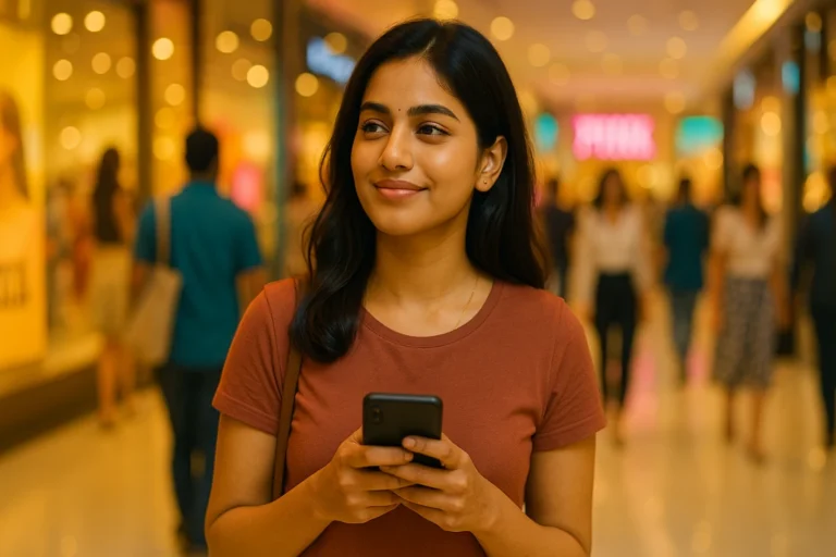 షాపింగ్ మాల్‌లో ఫోన్ పట్టుకుని ఆలోచనలో మునిగిన అందమైన యువతి