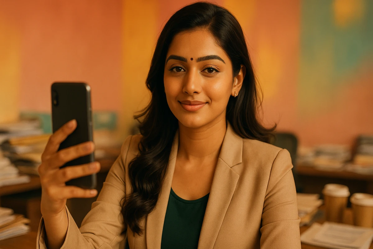 ఆఫీస్‌లో సూట్ ధరించి ఫోన్ చూస్తూ ఆత్మవిశ్వాసంగా చిరునవ్వుతో ఉన్న తెలుగు యువతి