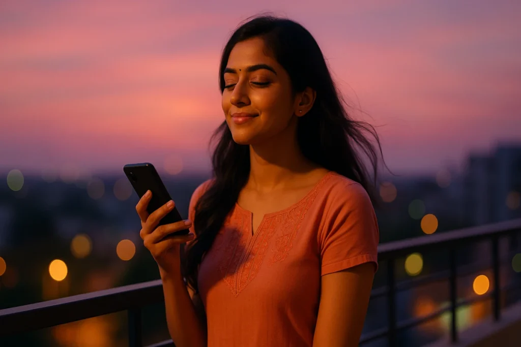 సాయంత్రం బాల్కనీలో ఫోన్ చేతిలో పట్టుకుని ప్రశాంతంగా చిరునవ్వుతో ఉన్న తెలుగు యువతి