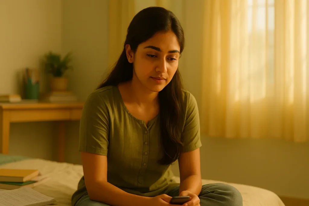 మంచంపై కూర్చొని ఫోన్‌ పట్టుకుని నిరాశగా ఆలోచిస్తున్న అమ్మాయి