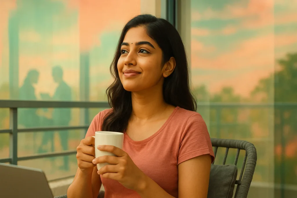 కప్పులో కాఫీ పట్టుకుని బాల్కనీలో ప్రశాంతంగా ఆలోచిస్తున్న తెలుగు యువతి