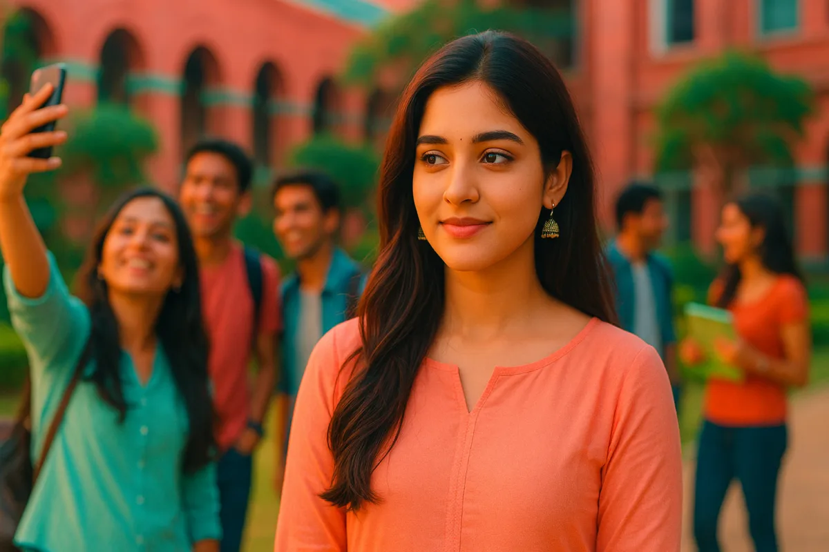 స్నేహితులు నవ్వుకుంటూ ఫోటో దిగుతుండగా, పక్కన ప్రశాంతంగా నిలబడి ఉన్న యువతి