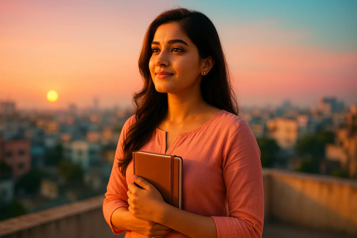 సూర్యాస్తమయం సమయంలో రూఫ్‌టాప్‌పై నోట్బుక్ పట్టుకుని ప్రశాంతంగా చిరునవ్వుతో నిలబడి ఉన్న యువతి