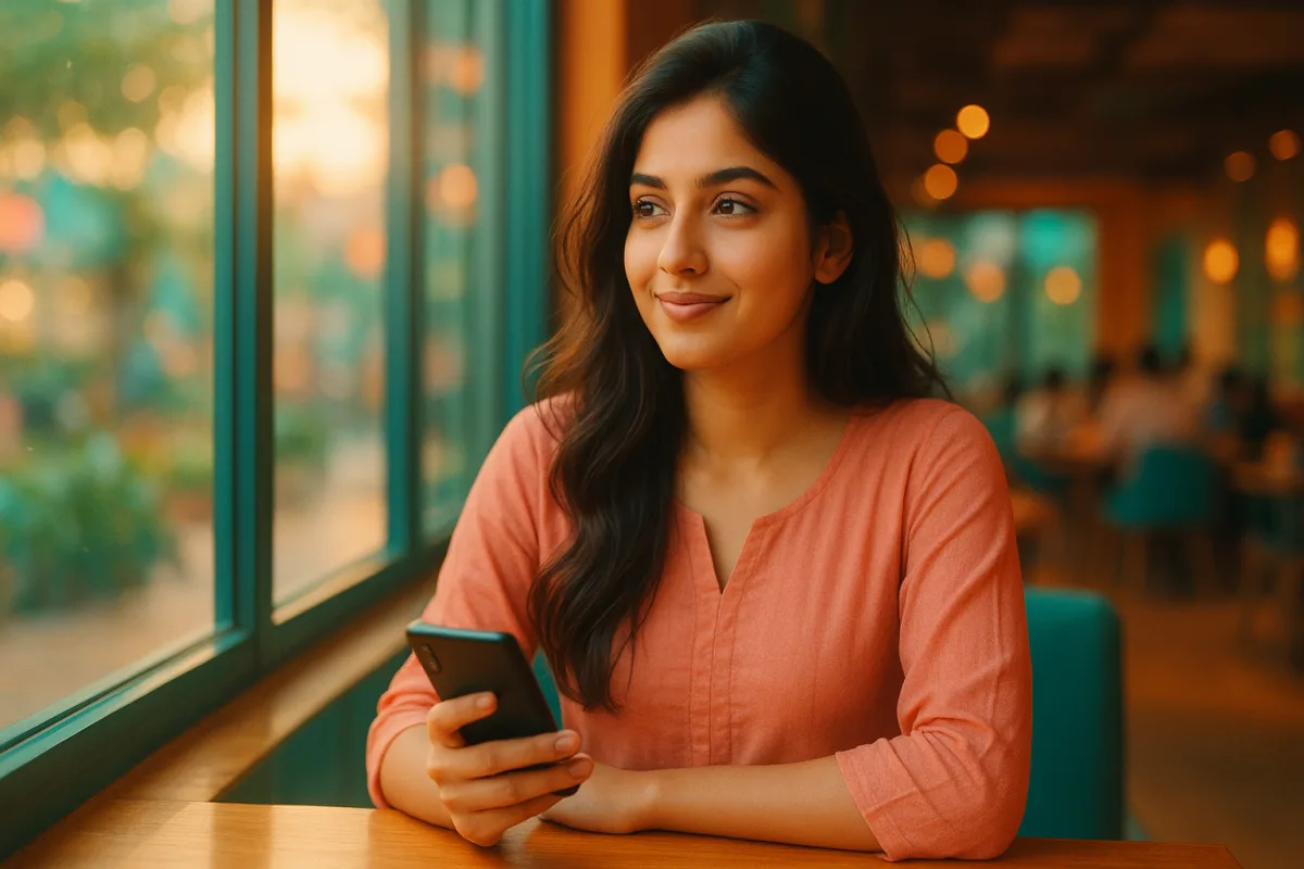 కాఫీ షాప్‌లో కిటికీ పక్కన కూర్చొని ఫోన్‌ చూస్తూ సాఫ్ట్‌గా నవ్వుతున్న యువతి