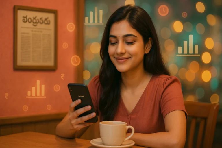 కేఫ్‌లో కాఫీ కప్పుతో ఫోన్ చూస్తూ మృదువుగా నవ్వుతున్న యువతి నేపథ్యంగా డేటా గ్రాఫ్‌లు మరియు రుపాయి చిహ్నాలు