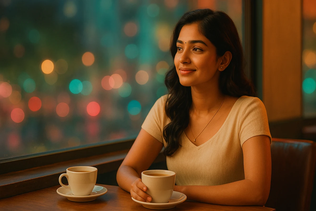 కేఫ్‌లో కిటికీ పక్కన కాఫీ కప్పుతో ప్రశాంతంగా ఆలోచిస్తున్న తెలుగు యువతి