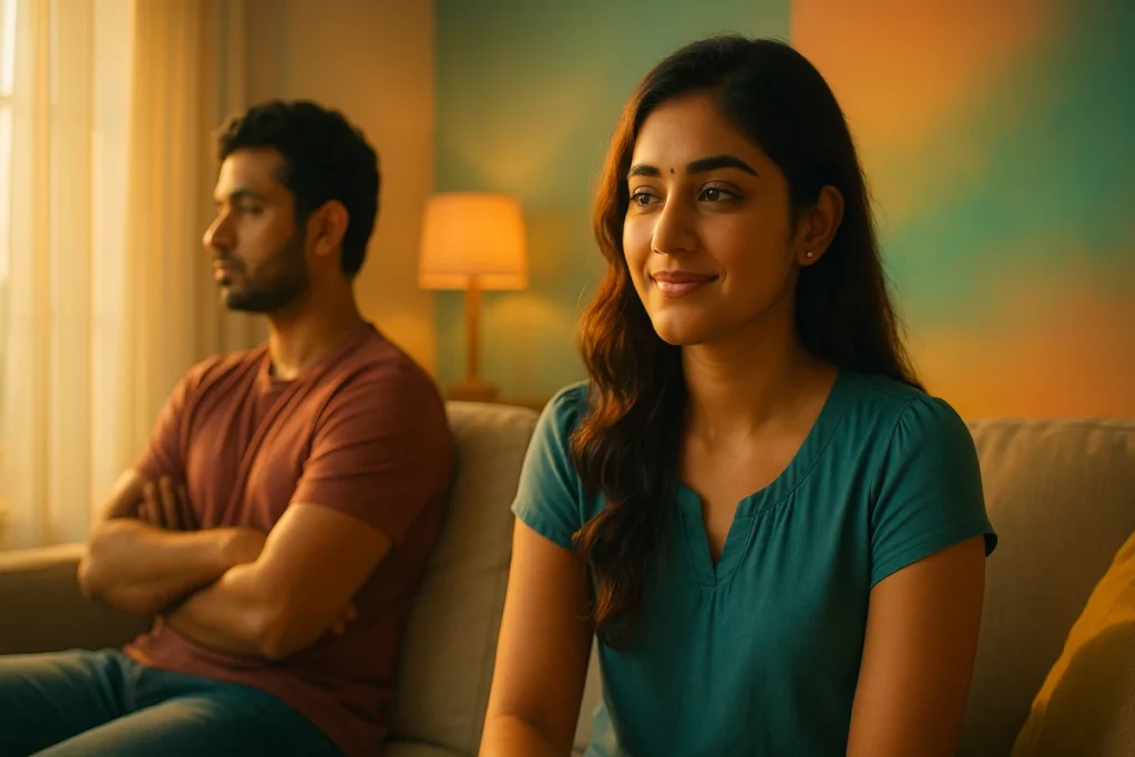 సోఫాపై కూర్చుని వెనుకవైపు మనిషి ఆలోచనలో, ముందు యువతి ప్రశాంతంగా నవ్వుతూ ఉన్న దృశ్యం