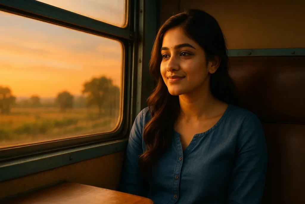 రైల్లో కూర్చుని సూర్యాస్తమయాన్ని చూస్తూ ఆలోచనల్లో మునిగిపోయిన అమ్మాయి.