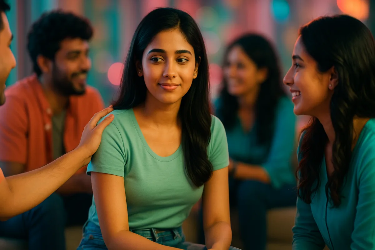 స్నేహితుల మధ్య కూర్చొని సైలెంట్‌గా నవ్వుకుంటున్న యువతి, పక్కవాళ్లు మాట్లాడుతుండగా ఆమె మాత్రం లోలోపల ఆలోచనలో ఉన్నట్టుగా కనిపిస్తోంది