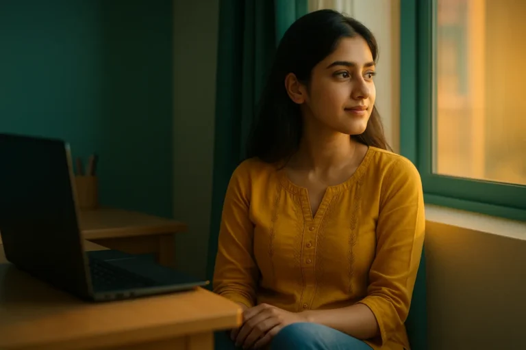 కిటికీ దగ్గర కూర్చుని బయటకు ఆలోచనగా చూస్తున్న యువతి, పక్కన ల్యాప్‌టాప్‌.