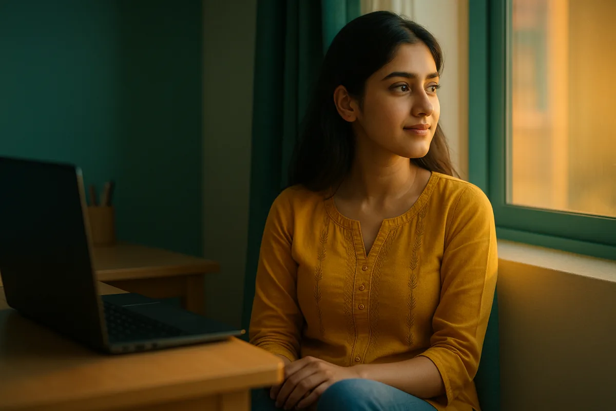 కిటికీ దగ్గర కూర్చుని బయటకు ఆలోచనగా చూస్తున్న యువతి, పక్కన ల్యాప్‌టాప్‌.