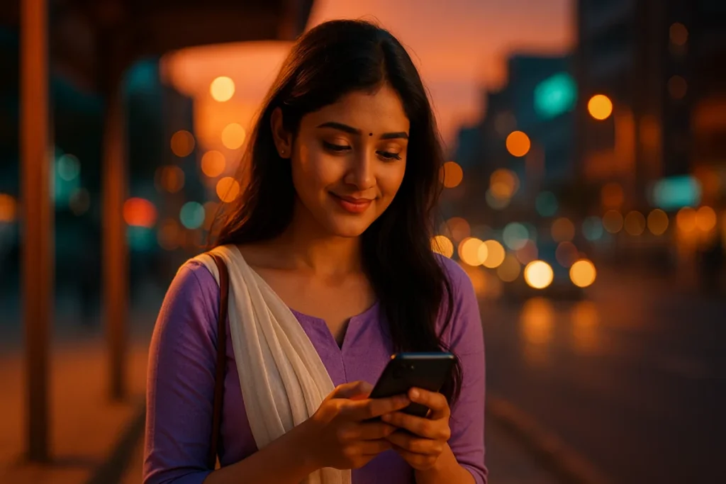 సాయంత్రపు వీధిలో ఫోన్‌ చూస్తూ మెల్లగా నవ్వుతున్న యువ తెలుగు అమ్మాయి.