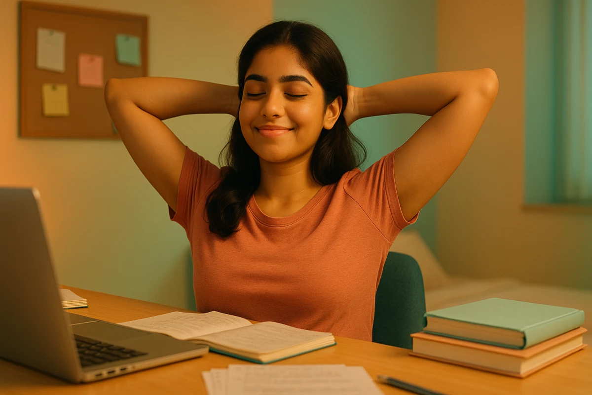 ల్యాప్‌టాప్ ముందు పుస్తకాలు తెరిచి ఉంచి చేతులు తల వెనుక వేసుకుని ప్రశాంతంగా కళ్లును మూసుకున్న యువతి