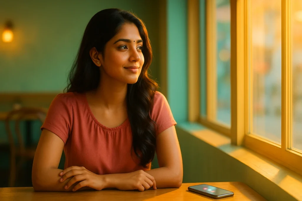 కేఫ్లో కిటికీ దగ్గర కూర్చుని బయటకి చూసుకుంటూ ప్రశాంతంగా నవ్వుతున్న యువతి, టేబుల్పై ఫోన్ ఉంది