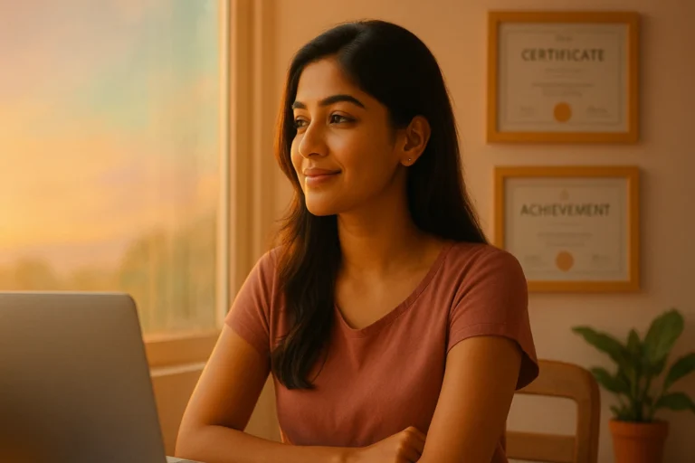 ల్యాప్‌టాప్ ముందు కూర్చుని కిటికీ బయటకు ప్రశాంతంగా చూస్తున్న ఆత్మవిశ్వాసం ఉన్న యువతి