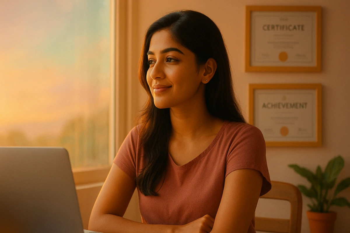 ల్యాప్‌టాప్ ముందు కూర్చుని కిటికీ బయటకు ప్రశాంతంగా చూస్తున్న ఆత్మవిశ్వాసం ఉన్న యువతి