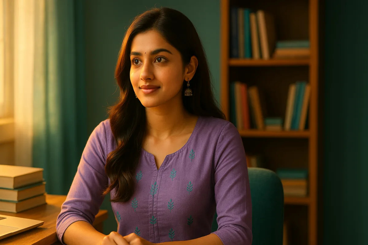 వెలుగులు పడి కిటికీ వైపు చూస్తూ ఆలోచనలో ఉన్న యువతి ముఖం