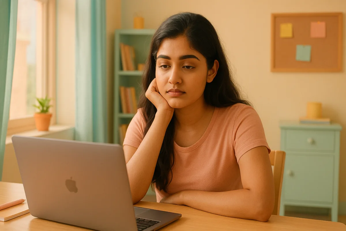 ల్యాప్‌టాప్‌ ముందు అలసిపోయి, విసుగు భావంతో కూర్చున్న యువతి.