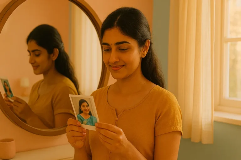అద్దం ముందు నిలబడి తన పాత ఫోటోను చూస్తూ స్మితంతో గుర్తులు తెచ్చుకుంటున్న యువతి.