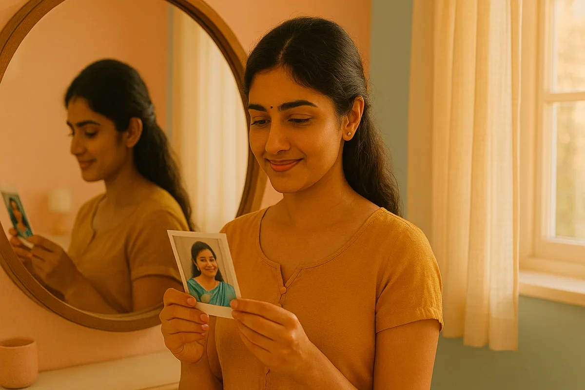 అద్దం ముందు నిలబడి తన పాత ఫోటోను చూస్తూ స్మితంతో గుర్తులు తెచ్చుకుంటున్న యువతి.