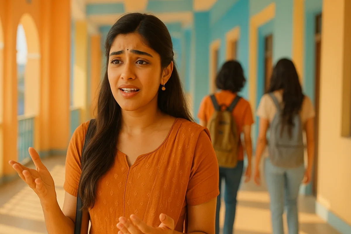 కాలేజీ కారిడార్‌లో ఆందోళనగా మాట్లాడుతున్న యువతి, వెనుకకు వెళ్తున్న ఇద్దరు స్నేహితులు.